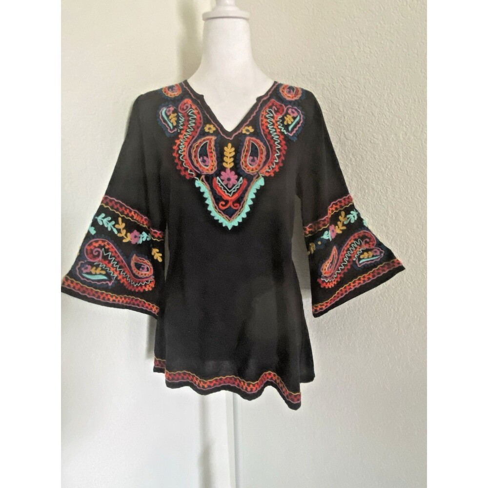 Embroidered Tunic Top Boho Fairy Women's Small Black Bell Sleeve A&A Clothing
